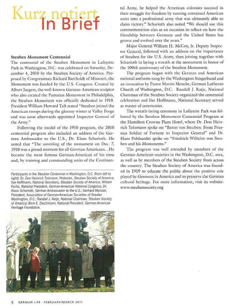 Steuben Monument Centennial article in German Life